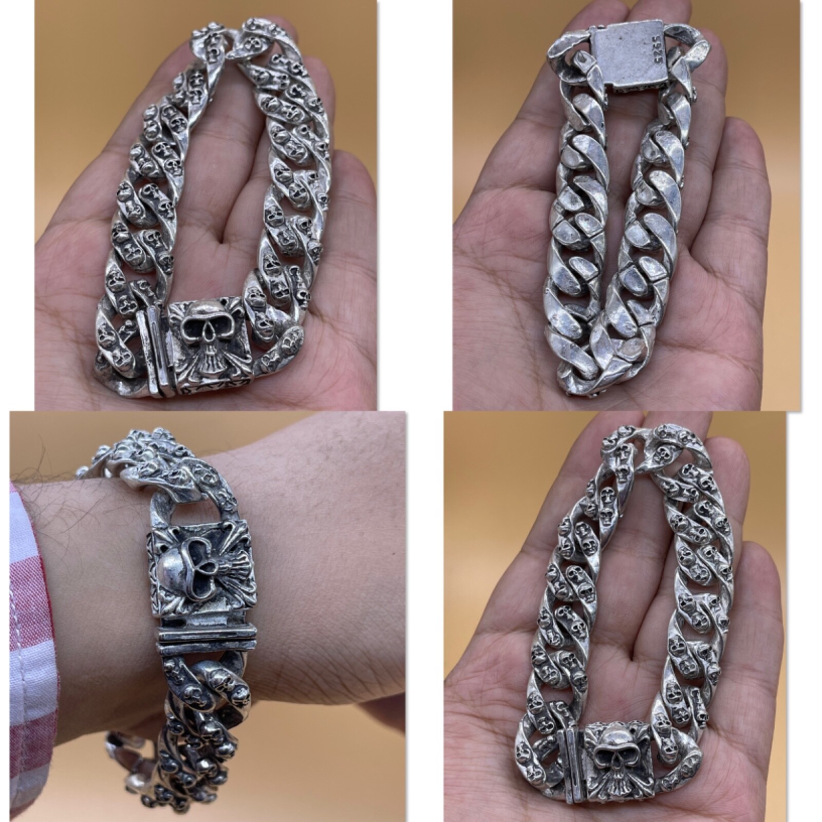Rare vintage momento mori solid 925 silver link bracelet several skulls