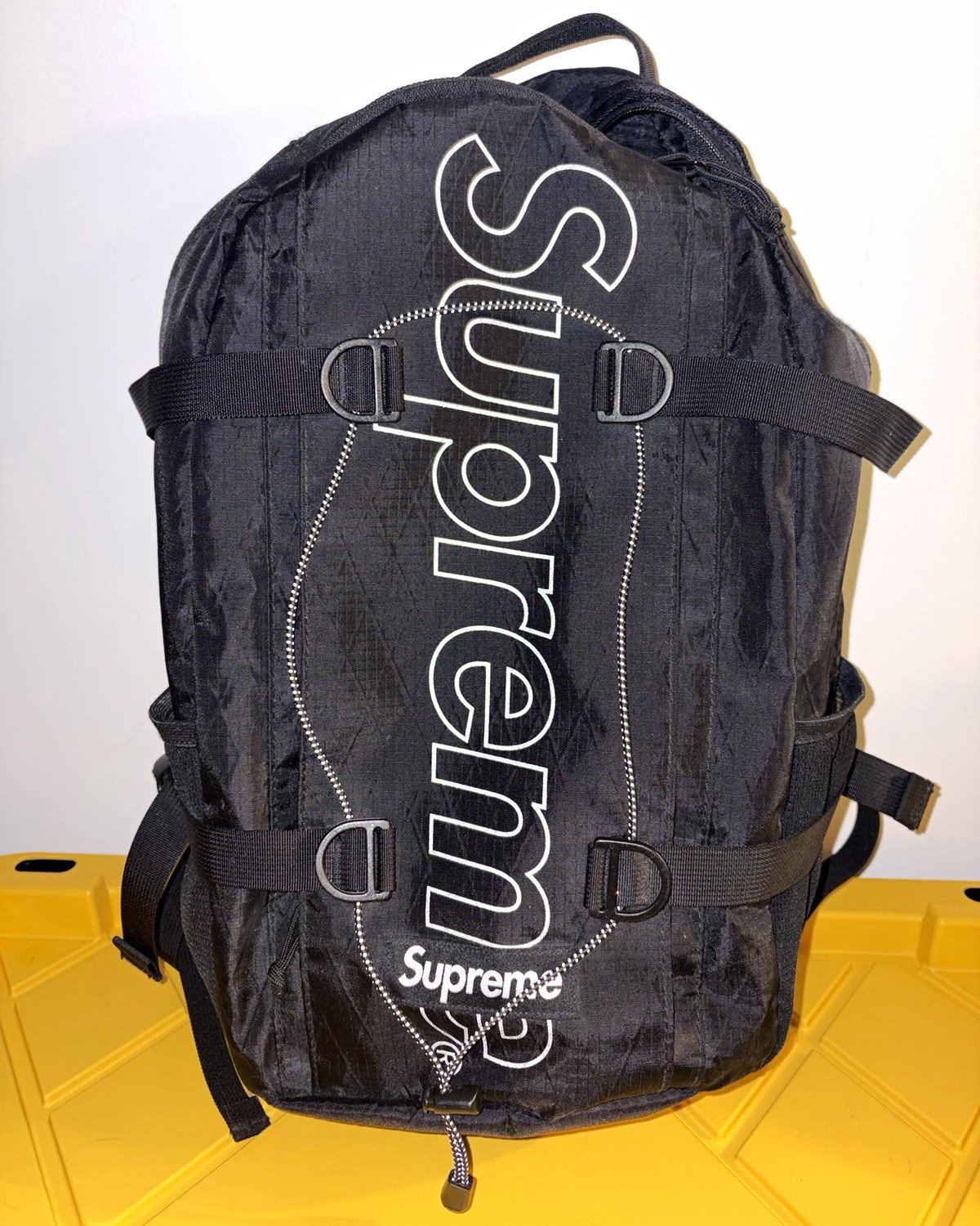 Supreme Black Backpack Logo Print Zip Closure Padded Straps External Pockets Supreme Black Backpack Logo Print Zip Closure Padded Straps External Pockets