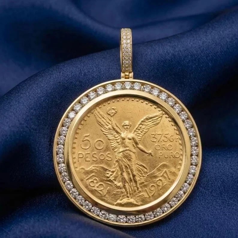 50 Pesos Pendant Lab Created Diamond Bezel 14K Gold Plated Centenario Medallion