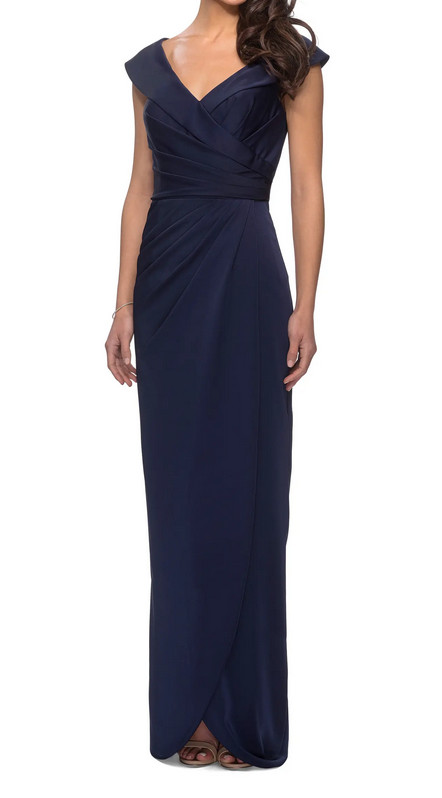 New 365$ La Femme 25206 Surplice Off Shoulder Column Gown Maxi Dress Sz 14 Blue