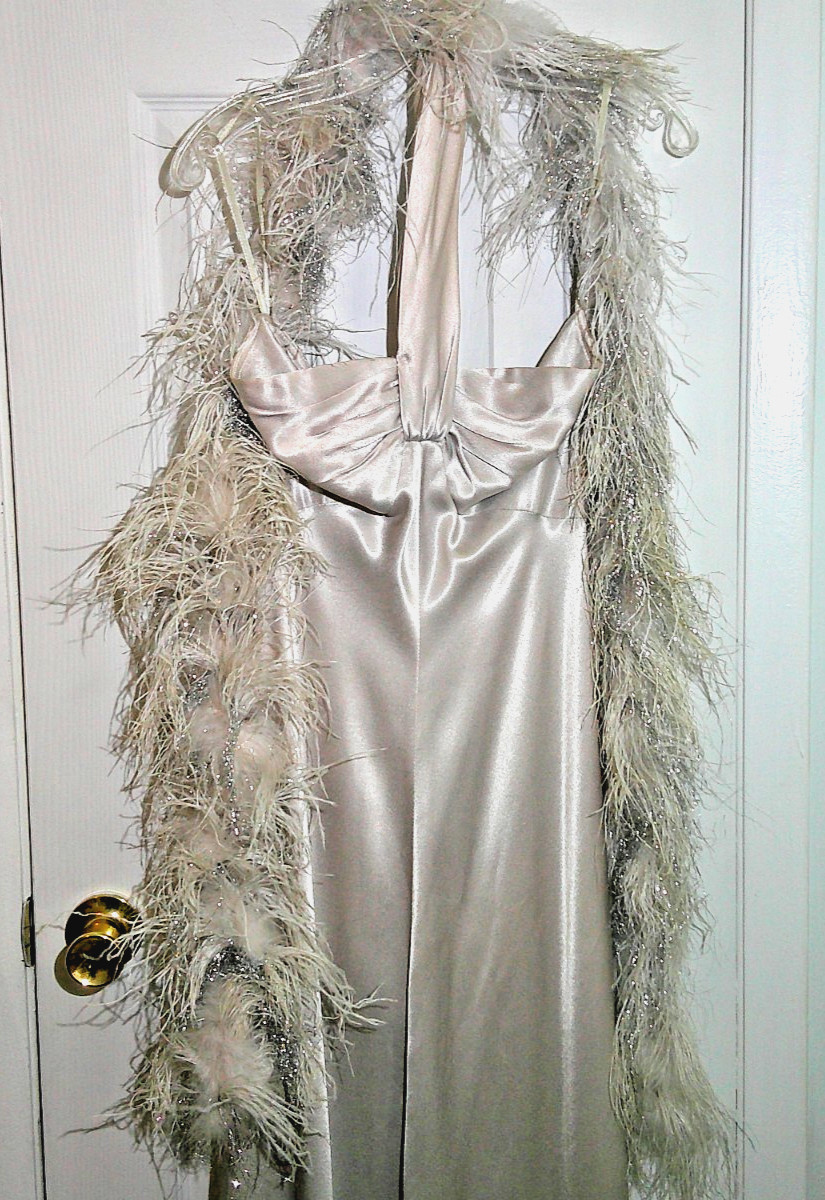 Vintage Fred Perlberg Original champagne satin halter evening gown feather boa