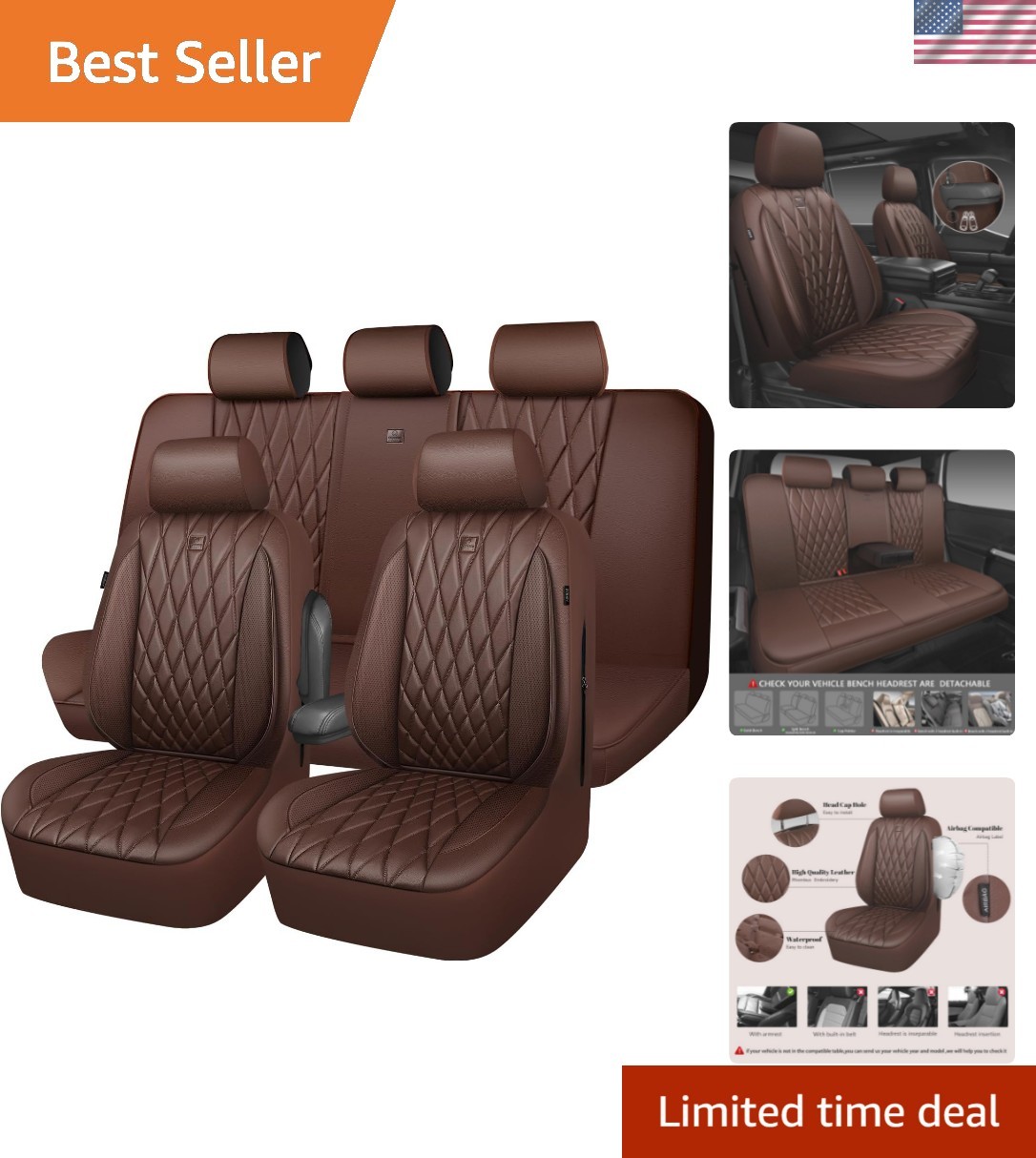 Piping Luxury Faux Leather Seat Covers Full Set, 5 Seats Anti-Slip Waterproof...