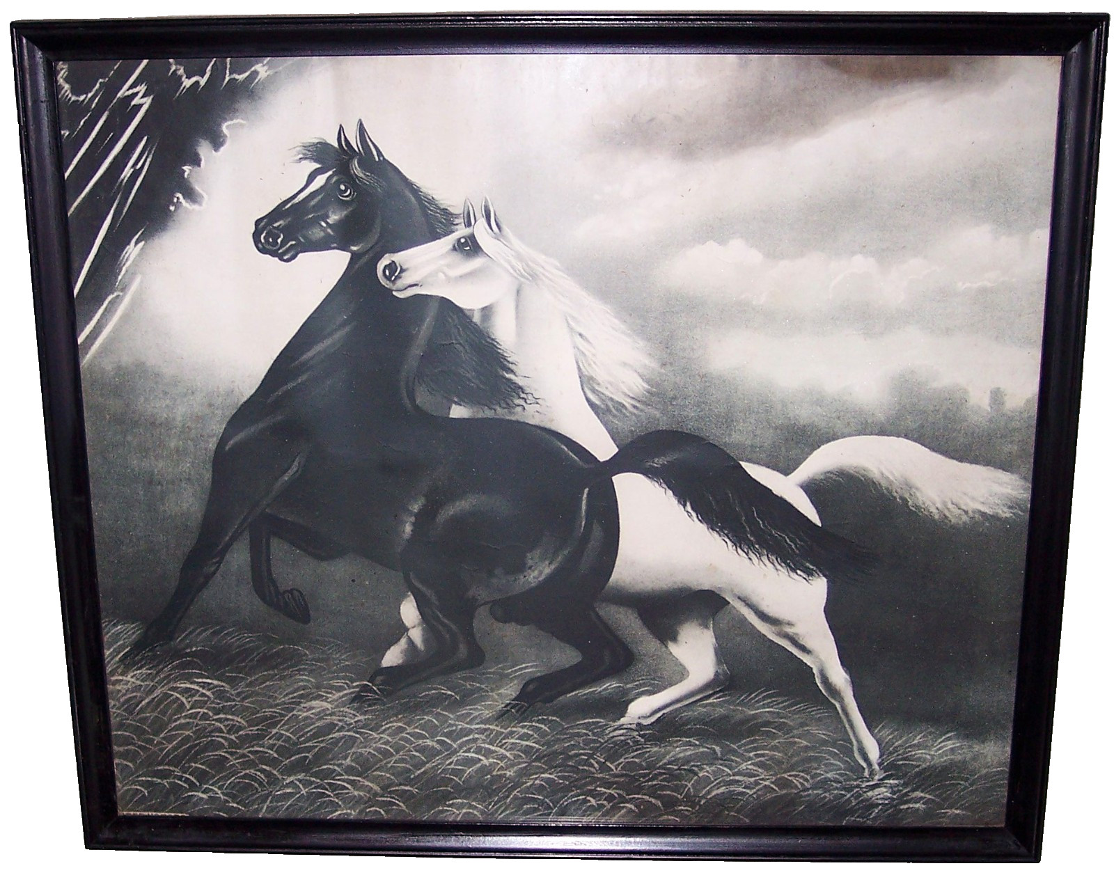Antique c. 1904 No. 2 Spirited Horses Wood Framed Print 20\ Antique c. 1904 No. 2 Spirited Horses Wood Framed Print 20\
