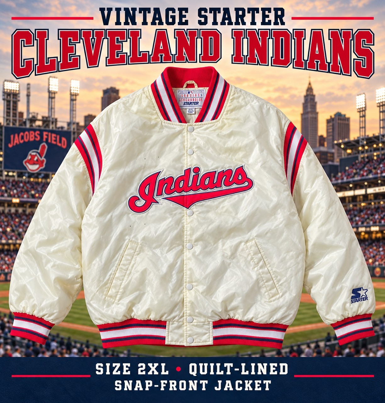 Vintage Starter Cleveland Indians Jacket Mens 2XL Cream Quilted Snap Front MLB