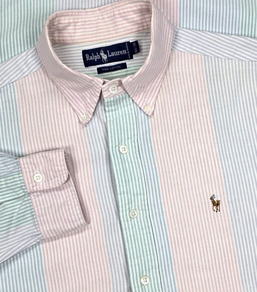Vtg 80s Polo Ralph Lauren Oxford Button Up Pastel Stripe 16.5-34 Colorblock Rare