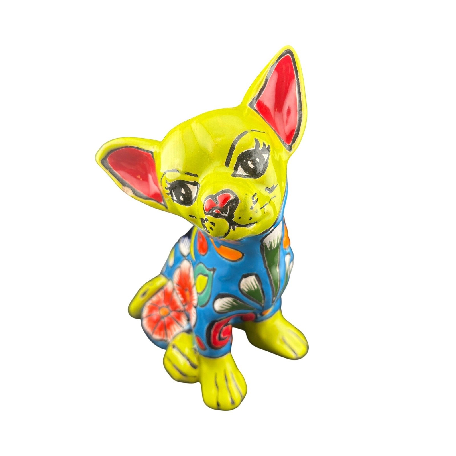 Colorful Ceramic Chihuahua Dog Figurine Bright Yellow Floral Blue Outfit