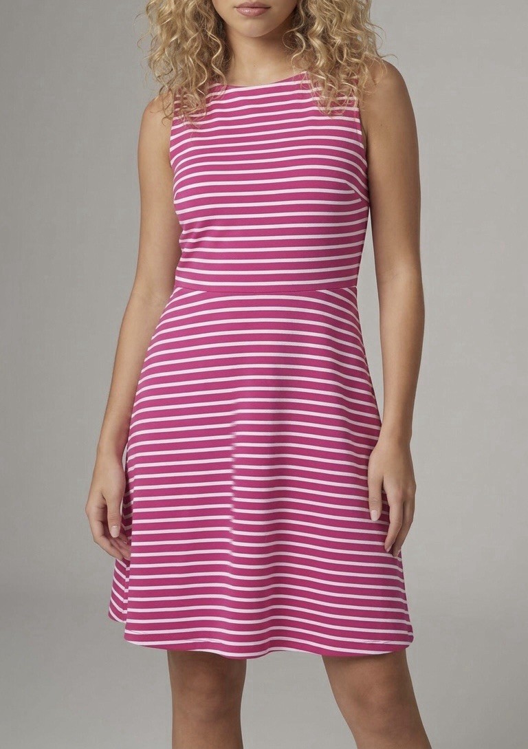 NWT Talbots Women’s Size M Pink Striped Polyester Blend Sleeveless Flare Dress NWT Talbots Women’s Size M Pink Striped Polyester Blend Sleeveless Flare Dress
