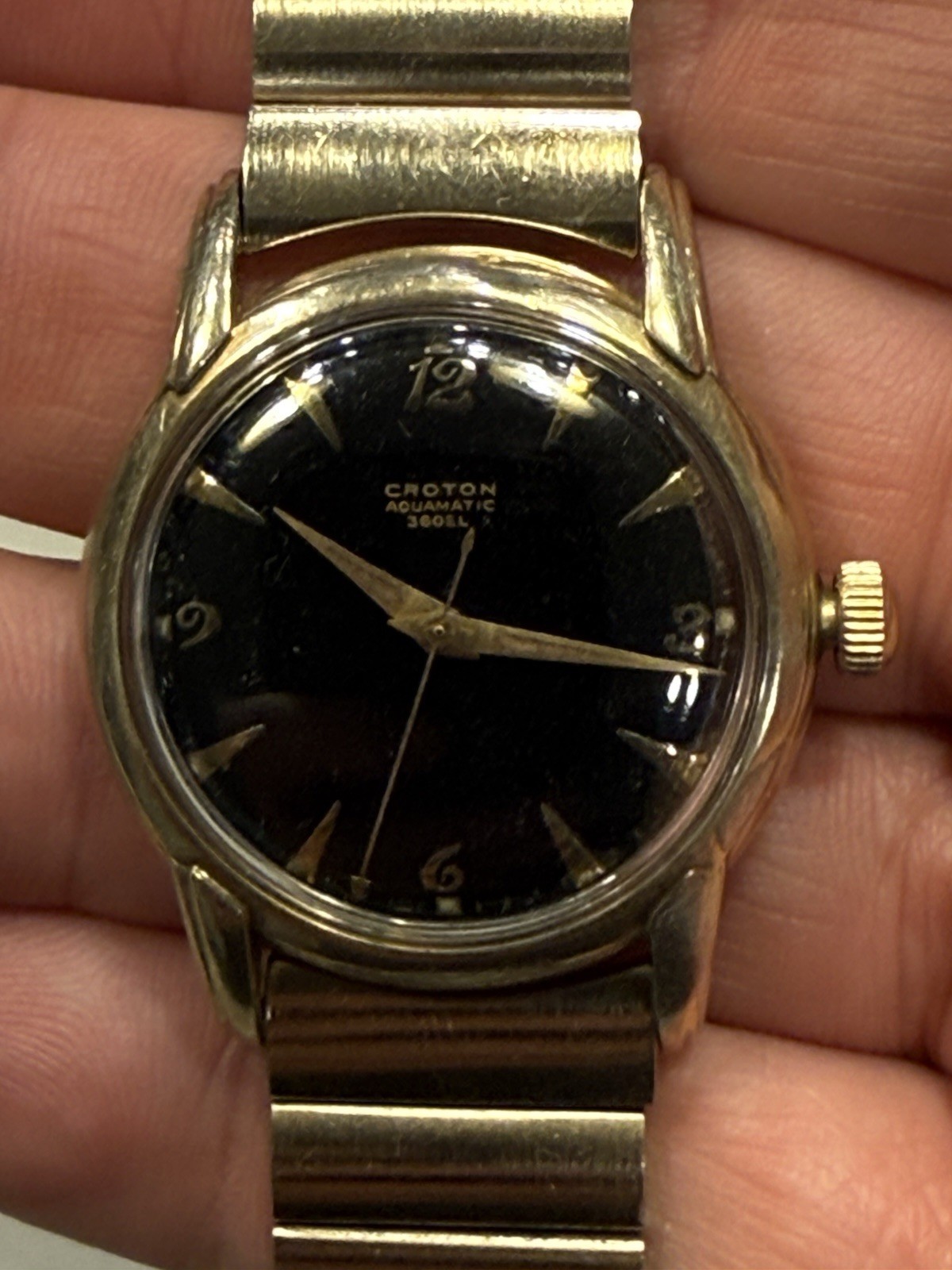 Croton Aquamatic 360 EL Vintage 1950s 17J Automatic Watch Black Dial RUNS Croton Aquamatic 360 EL Vintage 1950s 17J Automatic Watch Black Dial RUNS