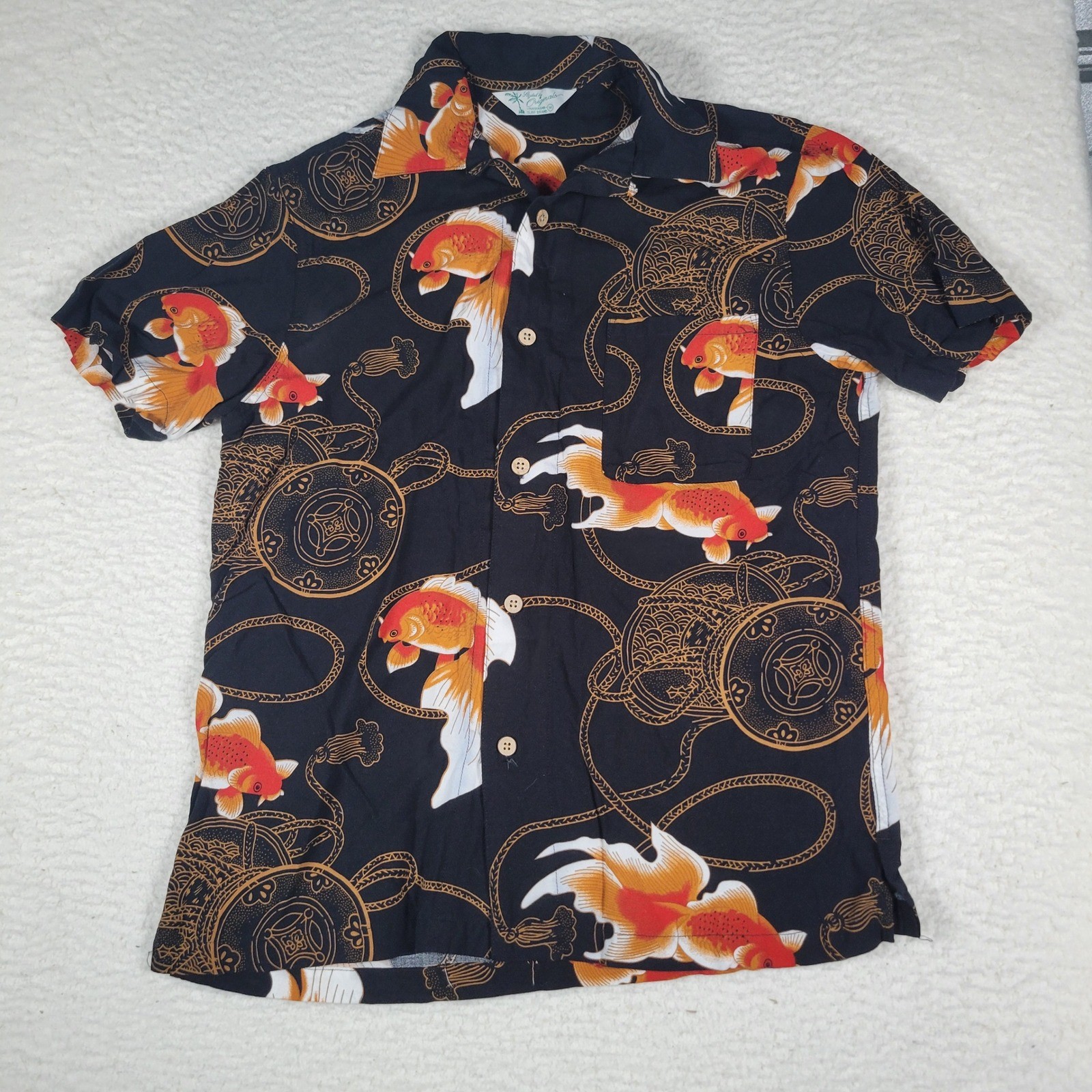 Vintage Originals Hawaiian Mens Shirt M Koi Goldfish Japanese Print Aloha Beach