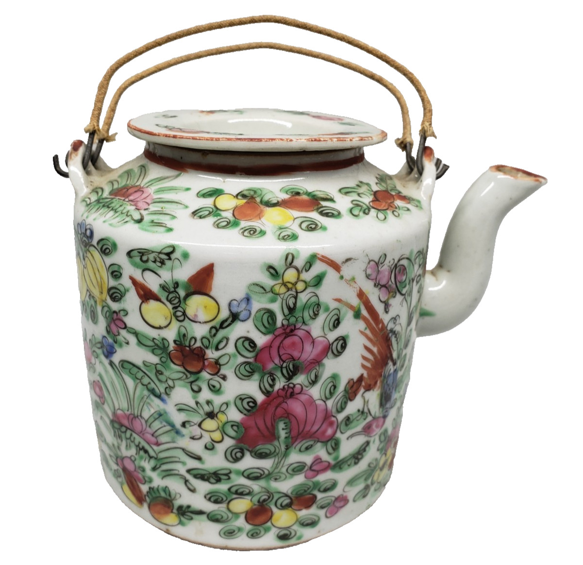 Antique 18thC Chinese Famille Rose Canton Porcelain Teapot Wire Handle 6\