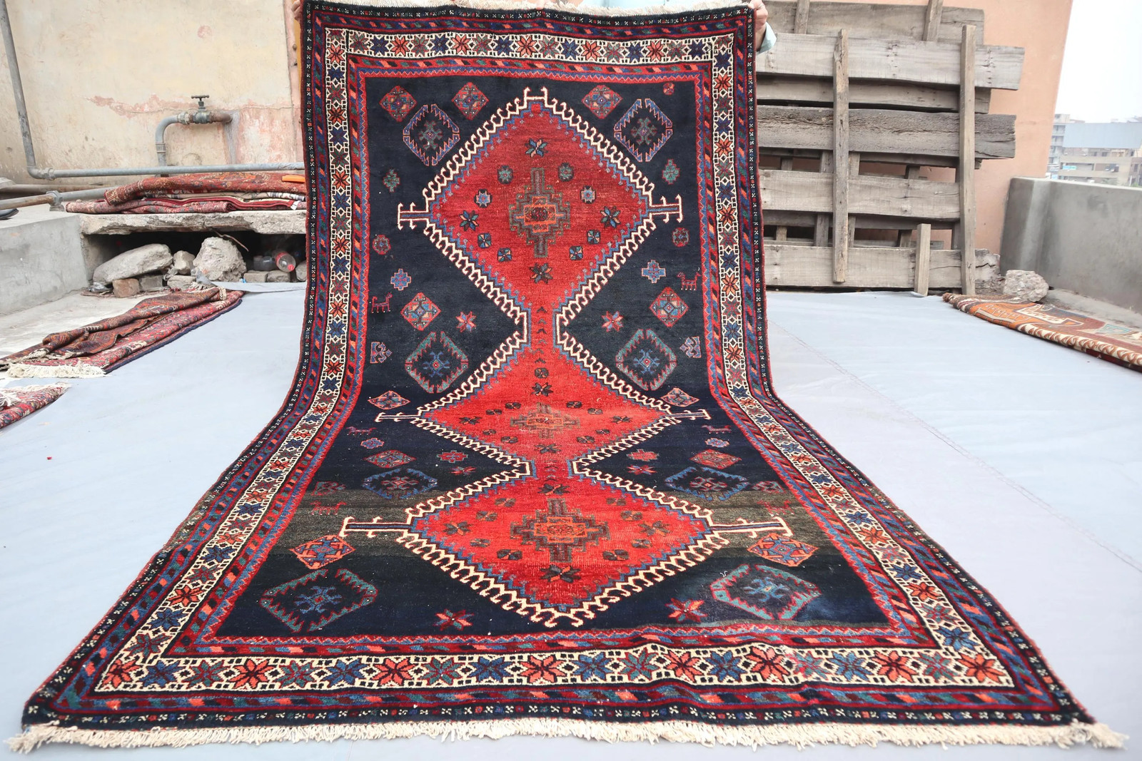 5x9 Vintage Turkish Kazak Navy Blue Red Area Rug Hand Knotted Wool Oriental