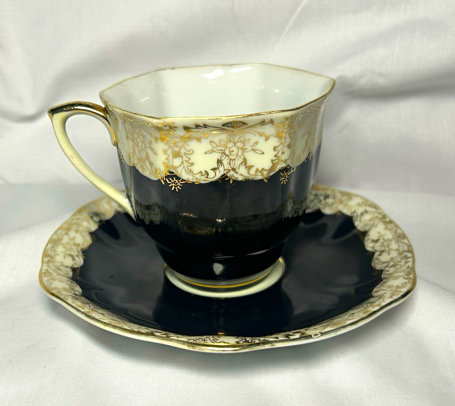 Nippon Tea Cup & Saucer Set Porcelain Floral Black White Gold 2-Piece Nippon Tea Cup & Saucer Set Porcelain Floral Black White Gold 2-Piece