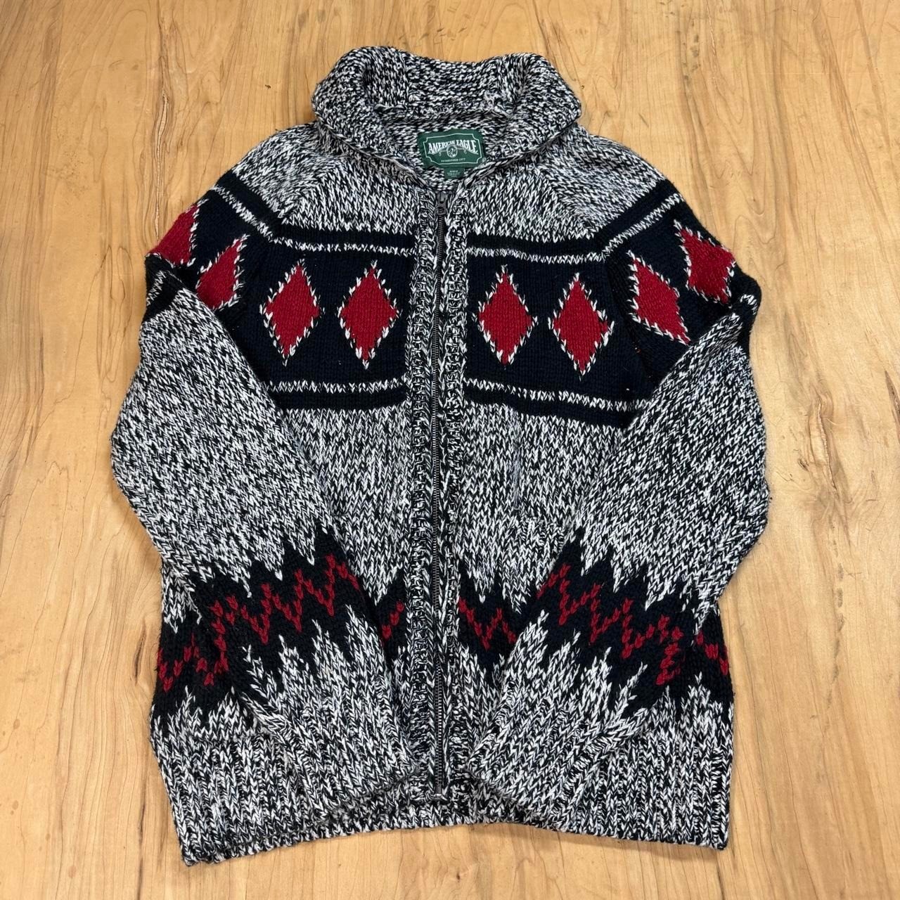 Vintage American Eagle Chunky Knit Full Zip Fair Isle Cardigan Mens Medium Grey Vintage American Eagle Chunky Knit Full Zip Fair Isle Cardigan Mens Medium Grey