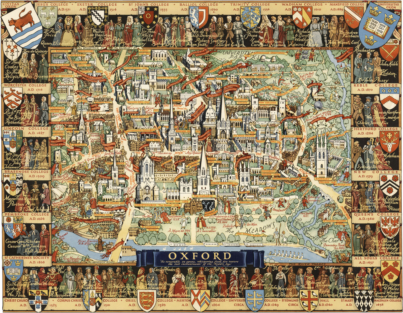 Pictorial Map Oxford University Campus Reprint Ready to Frame Art Poster