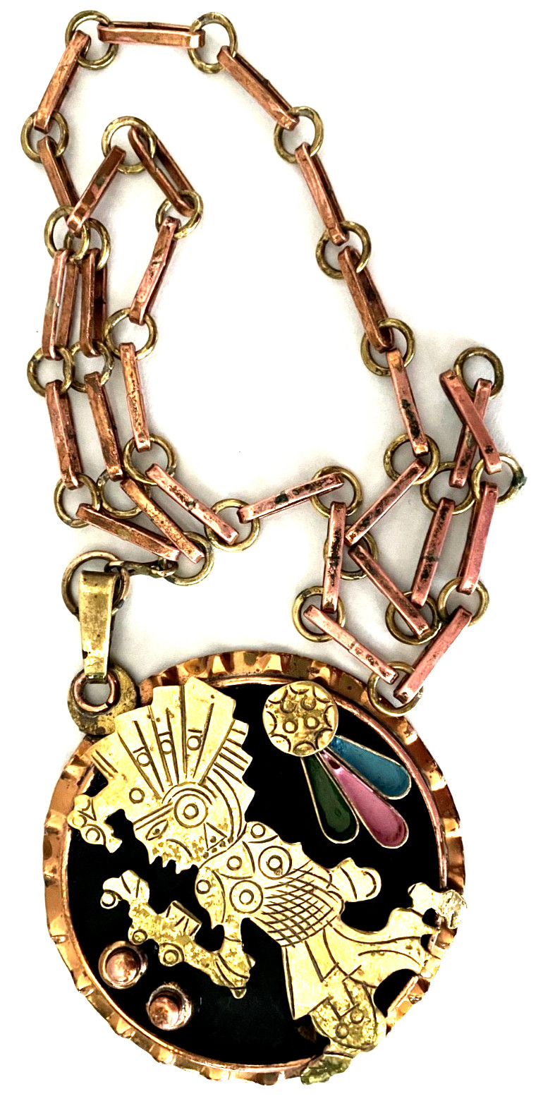 Vintage Casa Maya Mexico Statement Necklace Handmade Copper Brass Painted Enamel Vintage Casa Maya Mexico Statement Necklace Handmade Copper Brass Painted Enamel