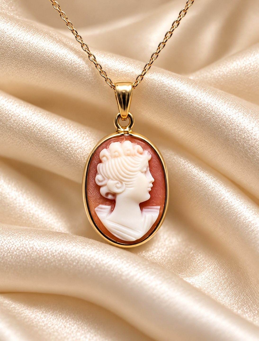 Vintage 14K Gold Hand-Carved Shell Cameo Pendant 18\