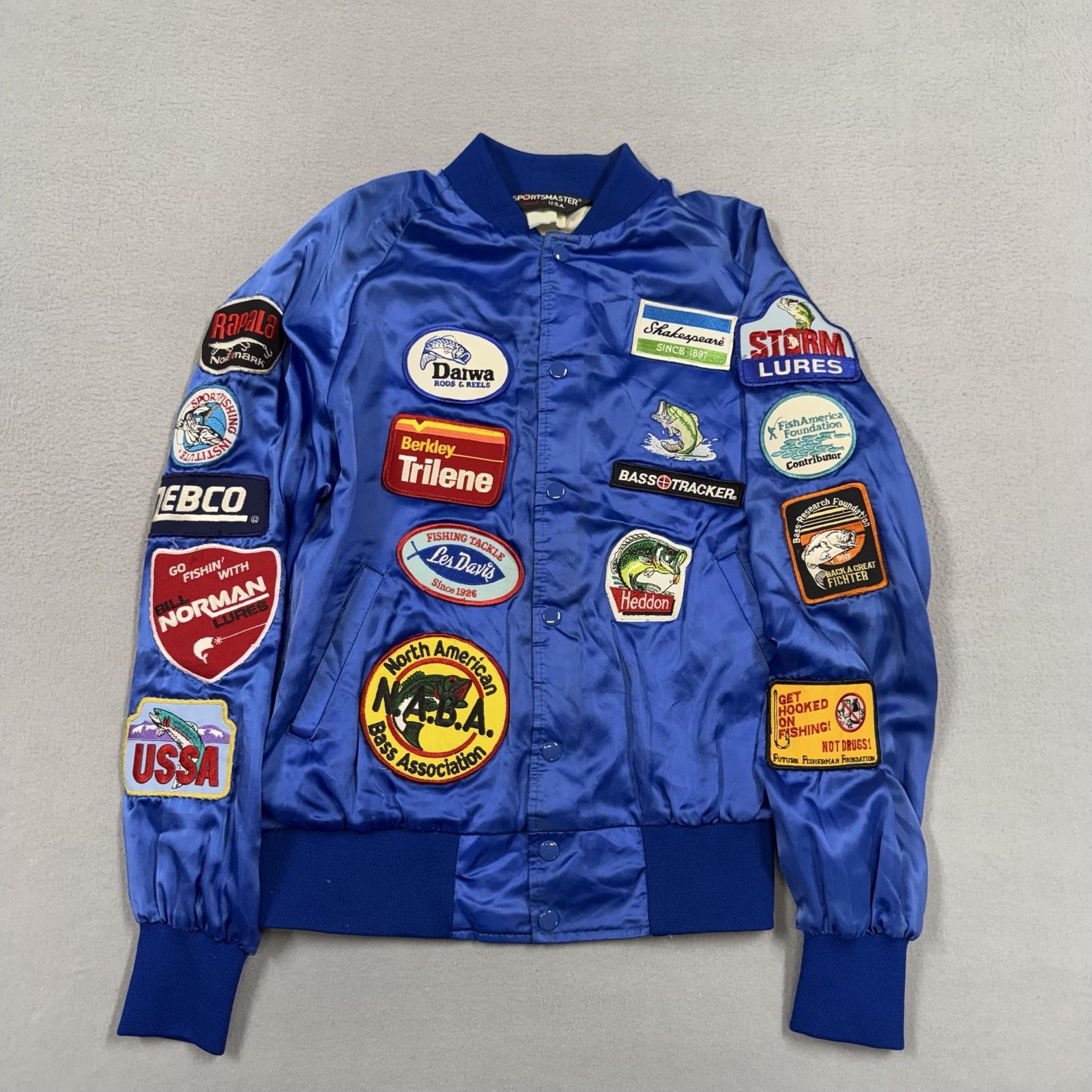 Vintage Sportsmaster Jacket Mens L Blue Nylon Satin Fishing Patch Bomber USA
