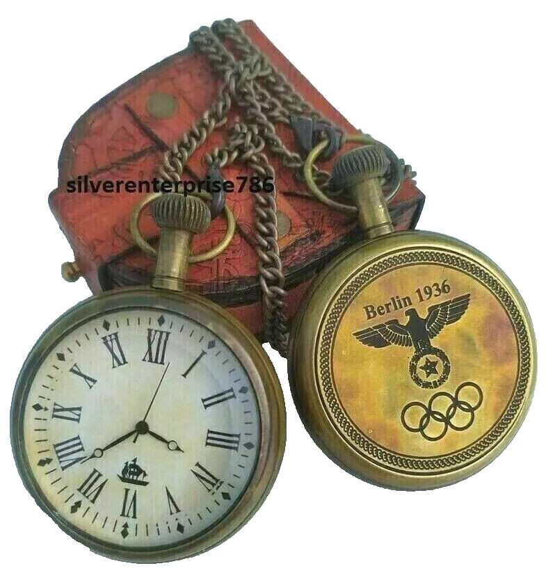 Vintage 1936 Berlin Brass Pocket Watch with Leather Box - Antique Marine Gift