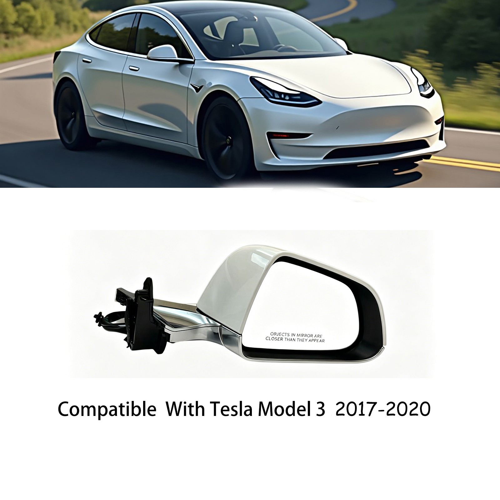 For Tesla Model 3 2017-2020 Right Side Mirror Heated Power Fold White and chrome
