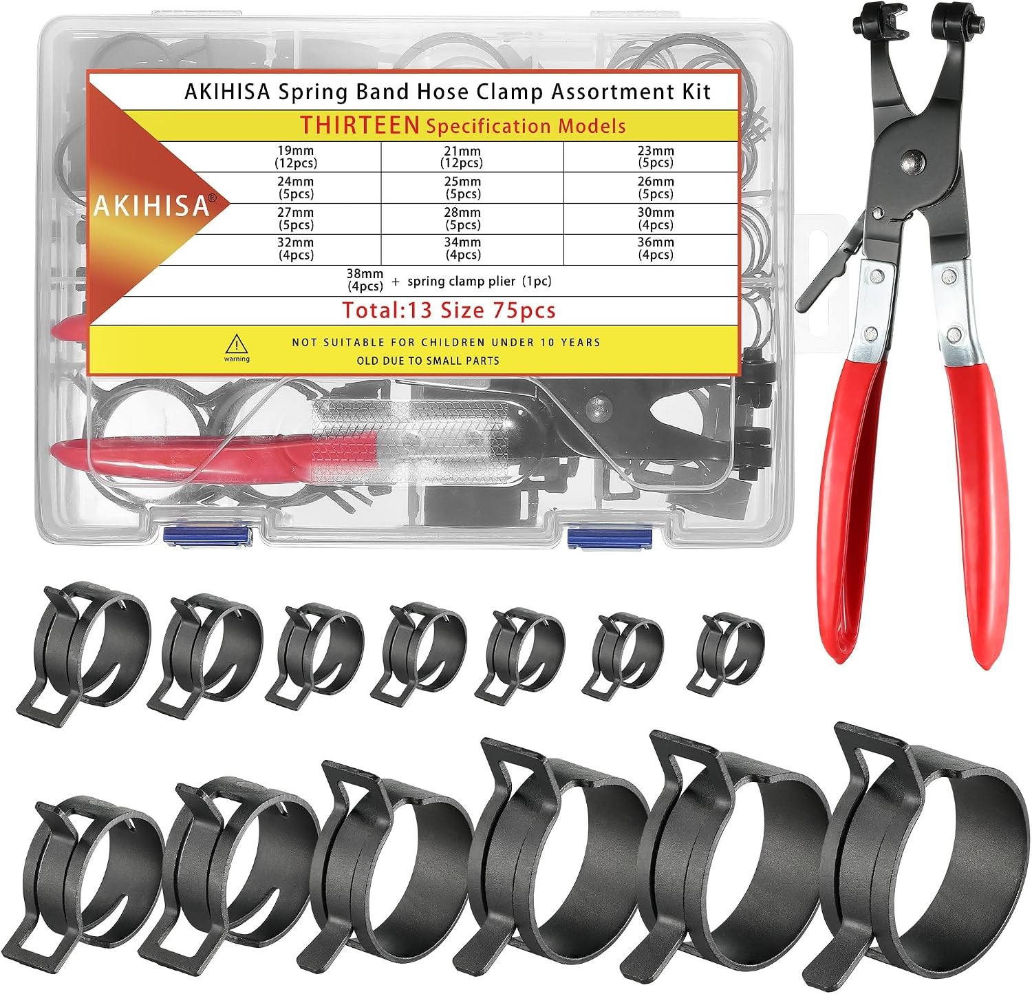 75Pcs Spring Band Hose Clamp Assortment Kit 19-38mm with Pliers