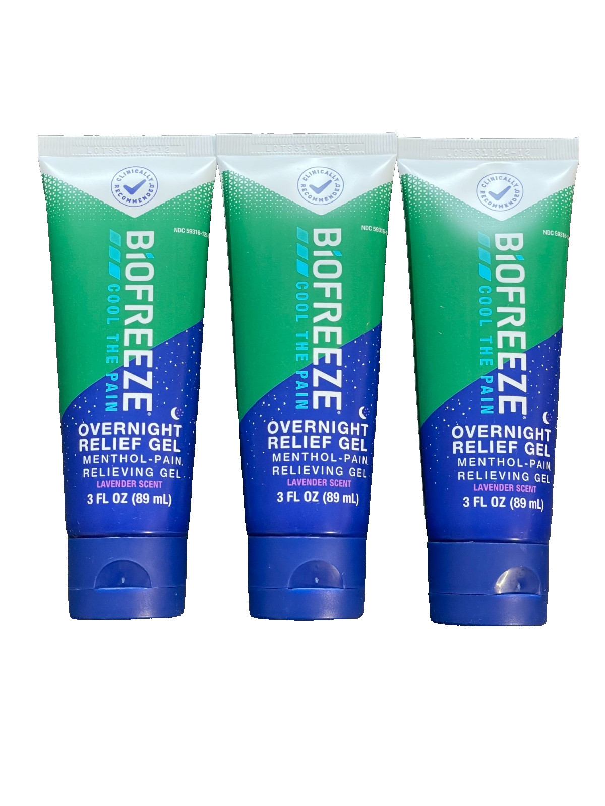 3 pack Biofreeze Overnight Relief Gel Lavender Scent 3oz each 3 pack Biofreeze Overnight Relief Gel Lavender Scent 3oz each
