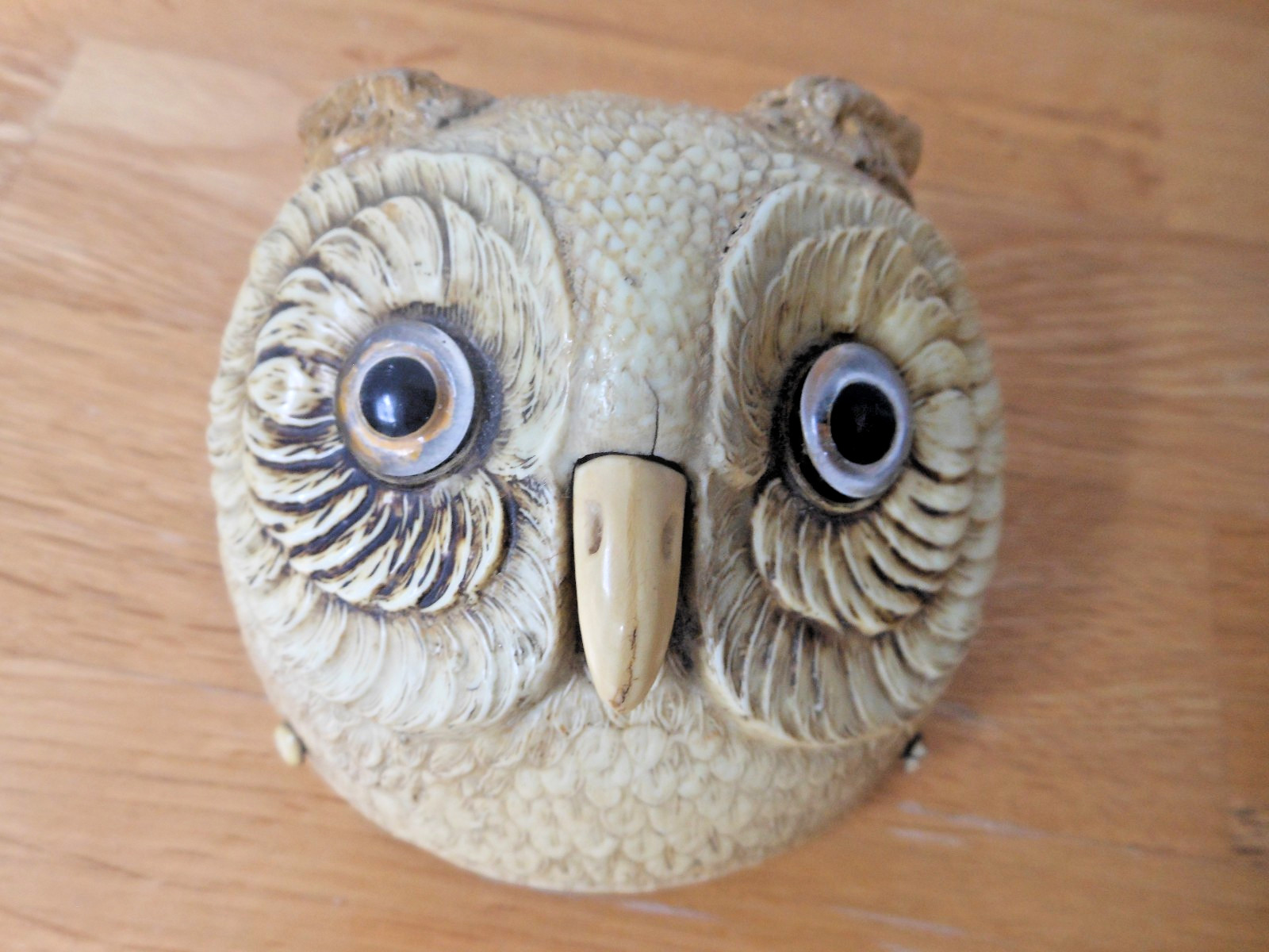 Rare Antique Celluloid Owl Head Mechanical Desk Bell - Clockwork Wind-up c.1900