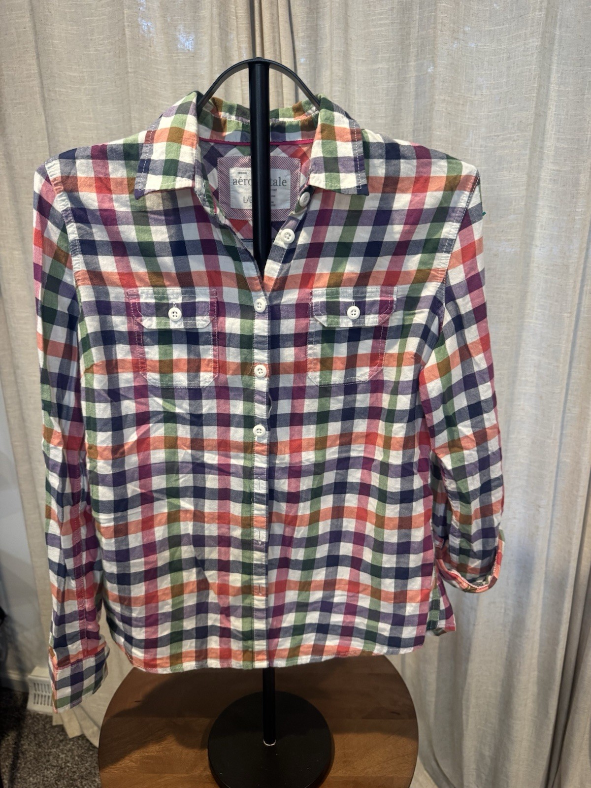 Aeropostle Women’s Plaid Button Down Shirt Size L Multicolor Roll Tab Sleeve