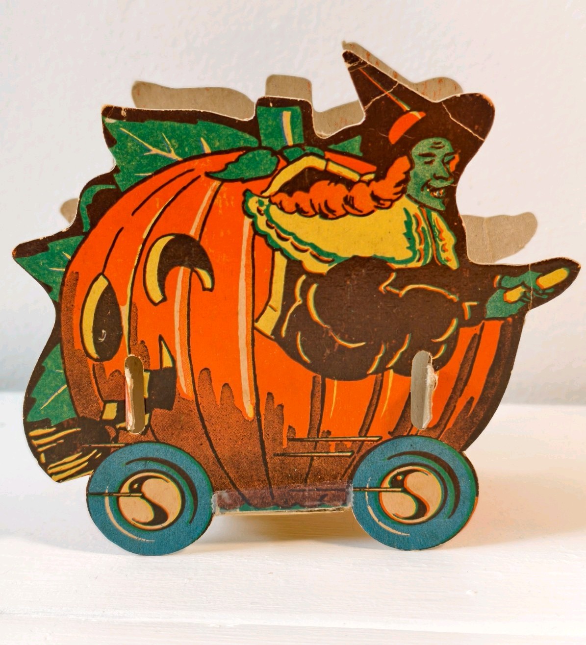 Vintage Halloween Die Cut Candy Dish 1940s Very Rare Witch Pumpkin Vintage Halloween Die Cut Candy Dish 1940s Very Rare Witch Pumpkin