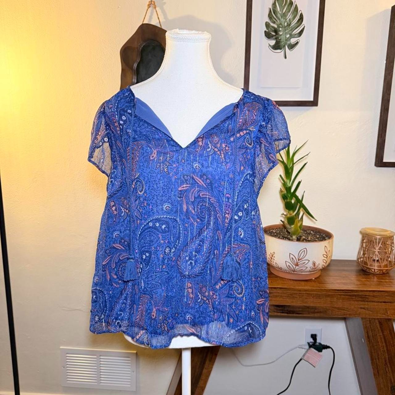 Lucky Brand Blue Paisley Sheer Blouse Boho Tassel Tie Top Size M Lucky Brand Blue Paisley Sheer Blouse Boho Tassel Tie Top Size M