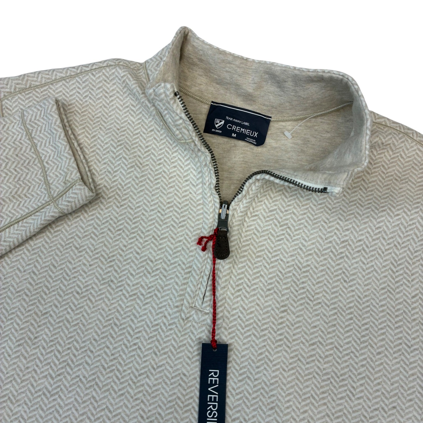 New Cremieux Reversible Qtr Zip Mens M Beige Herringbone Pullover Sweater NWT