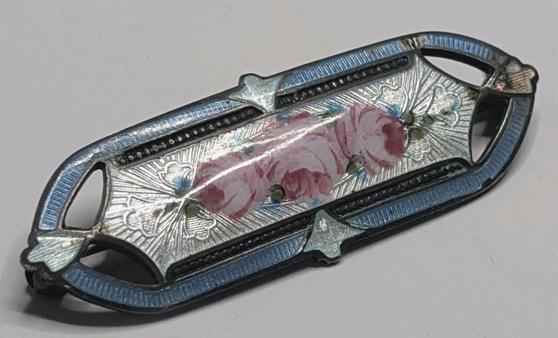 Antique F.A. Hermann Sterling Guilloche Enamel Rose Brooch Edwardian 1.75 Antique F.A. Hermann Sterling Guilloche Enamel Rose Brooch Edwardian 1.75