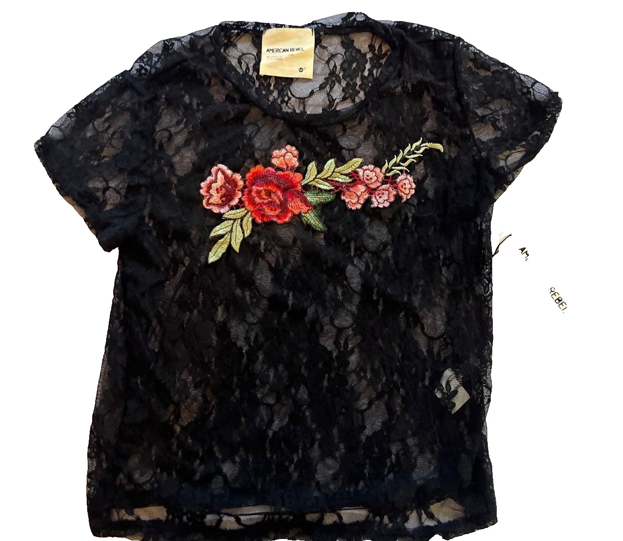 Women\'s Med NWT Black Lace Shirt Embroidered Flowers American Rebel Sheer Goth Women\'s Med NWT Black Lace Shirt Embroidered Flowers American Rebel Sheer Goth