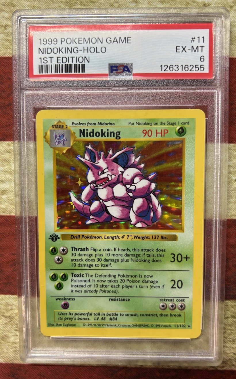 1999 POKEMON BASE SET 1ST EDITION SHADOWLESS #11 NIDOKING-HOLO PSA 6 1999 POKEMON BASE SET 1ST EDITION SHADOWLESS #11 NIDOKING-HOLO PSA 6