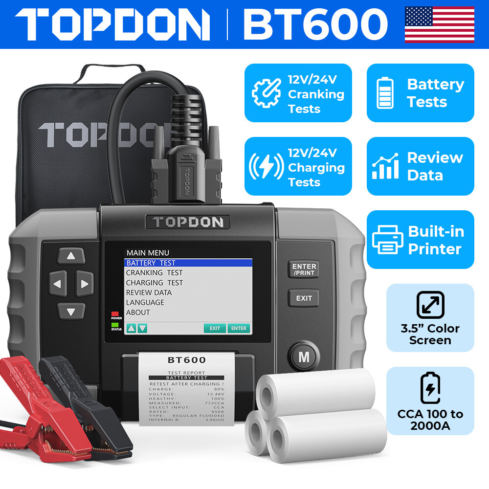 2026 TOPDON BT600 12V 24V Digital Battery Tester Printer Cranking Charging Test