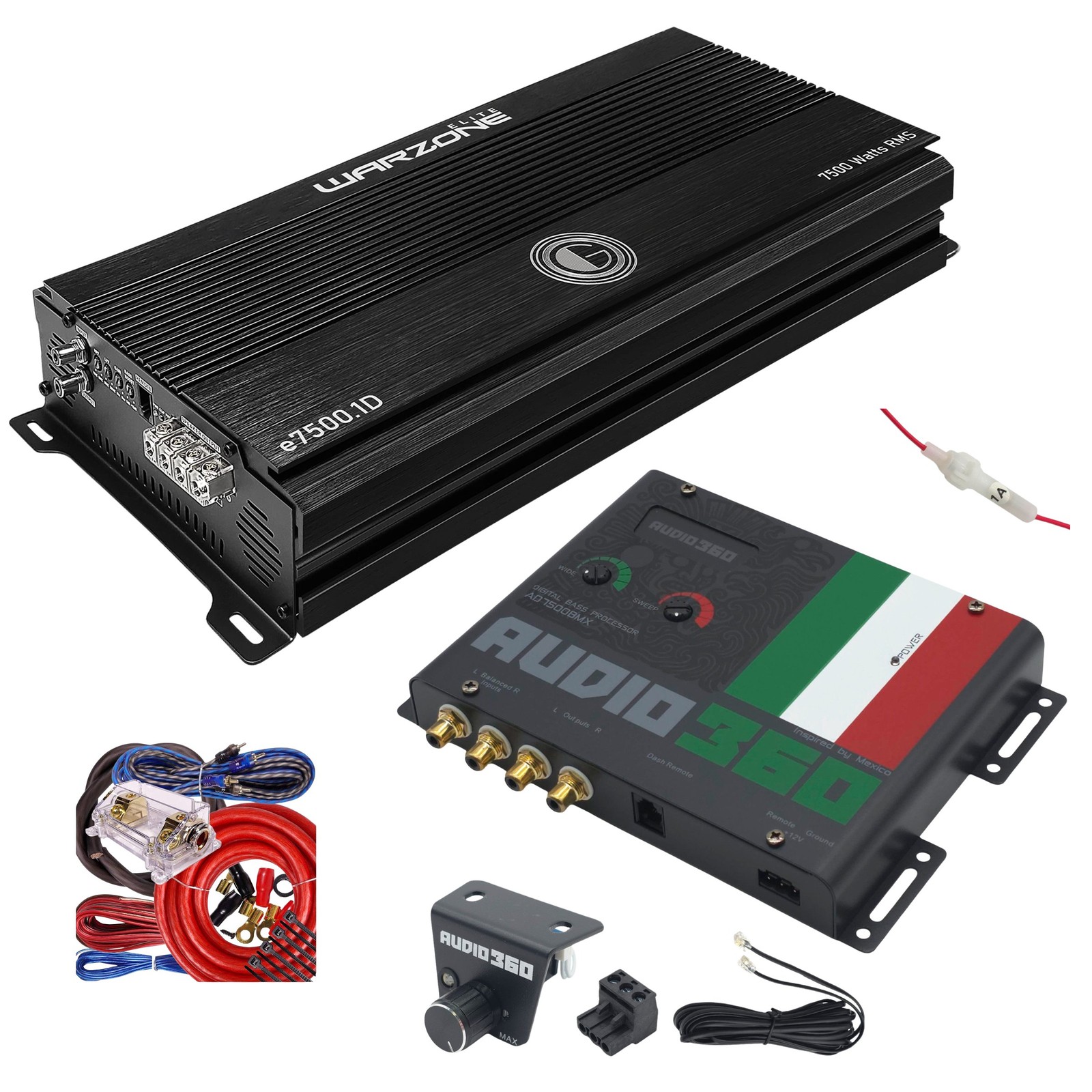 Gravity E7500.1D Warzone 7500W Amp + Audio360 AD7500BMX Bass Processor + Amp Kit