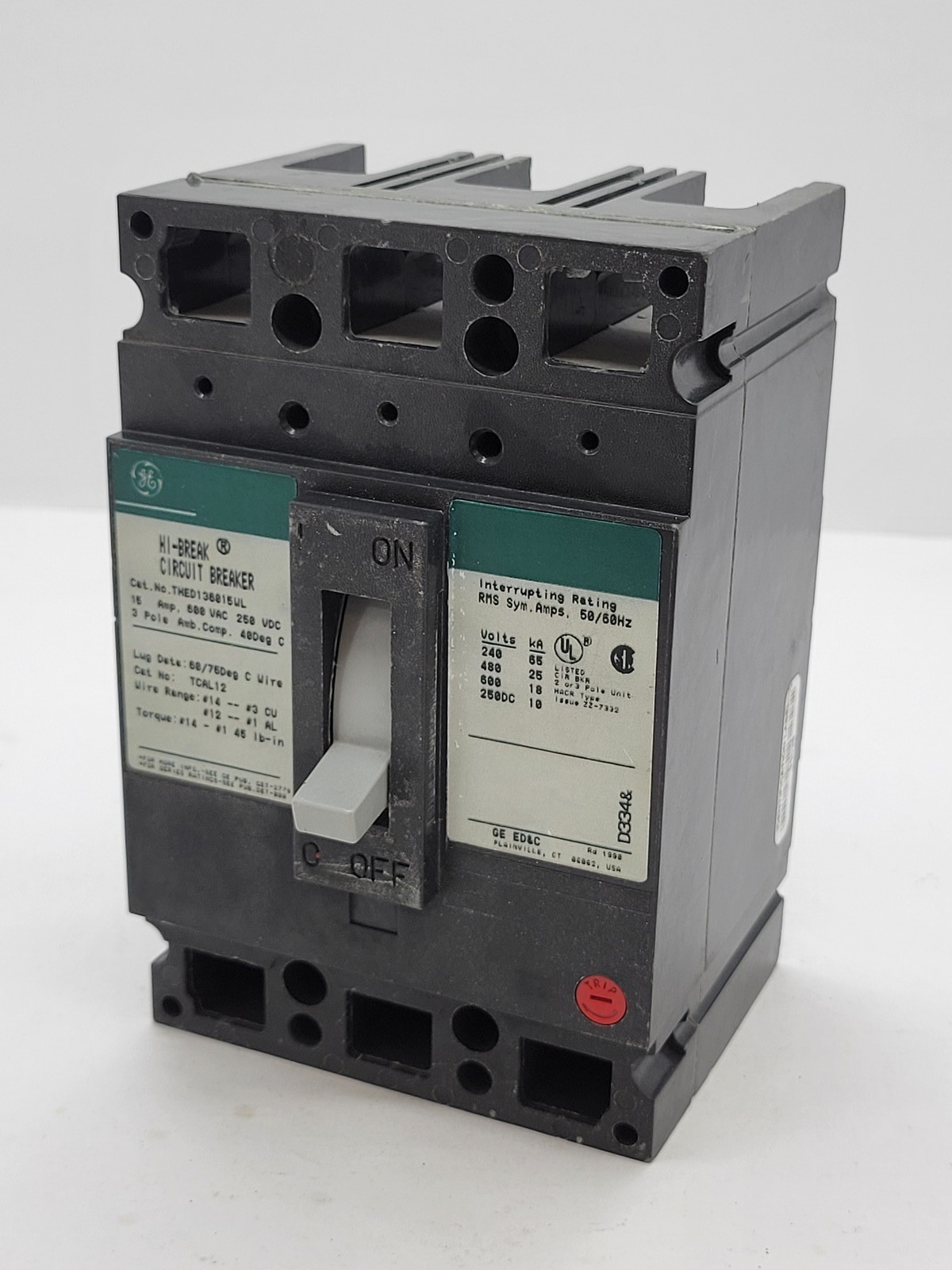 General Electric THED136015WL Hi-Break Circuit Breaker 15A 3P 600V 18KA Green