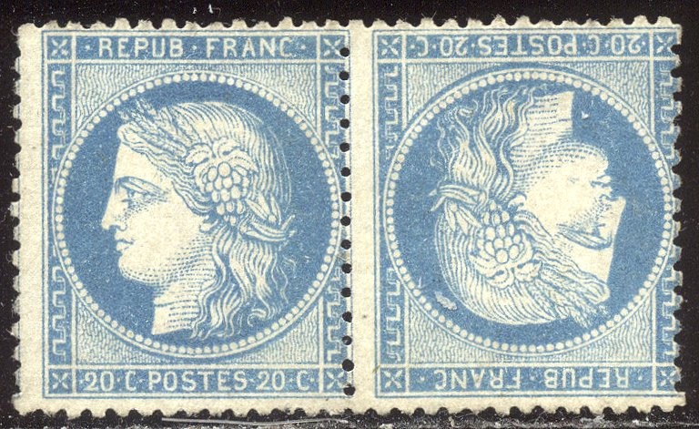 FRANCE #57b SCARCE Unused w/ Cert - 1870 20c Blue, Tete-Beche Pair