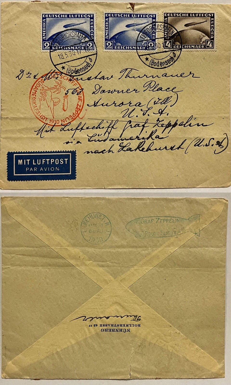 1930 GERMANY GRAF ZEPPELIN COVER VIA SOUTH AMERICA #C36 #C37 GREEN ZEP BACKSTAMP 1930 GERMANY GRAF ZEPPELIN COVER VIA SOUTH AMERICA #C36 #C37 GREEN ZEP BACKSTAMP