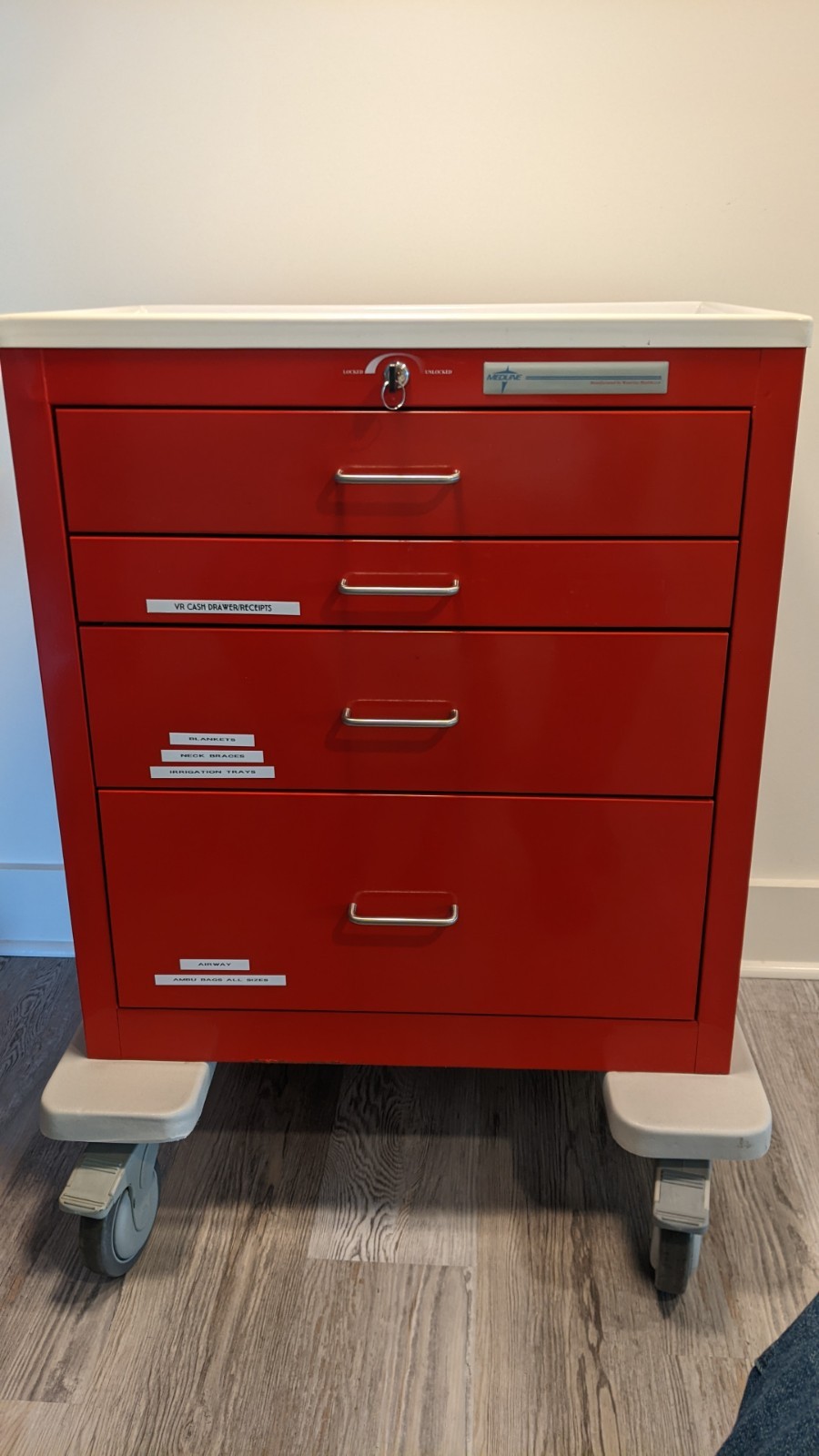 Medline / Waterloo Red 4-Drawer Locking Medical Cart w/ Push Handle & Key