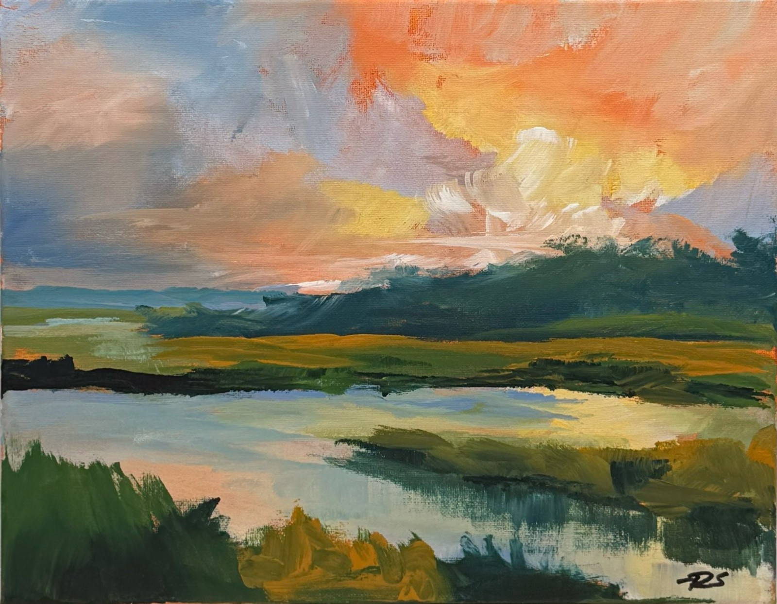R Stevens Original 11x14 Impressionist Colorful Marsh Sunset Landscape Painting R Stevens Original 11x14 Impressionist Colorful Marsh Sunset Landscape Painting