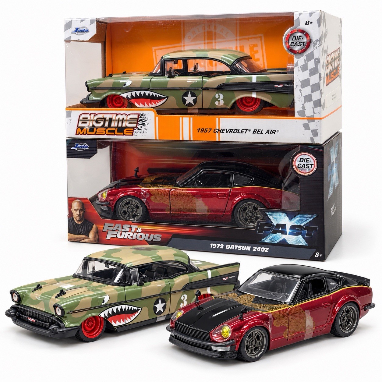 Jada Lot of 2 Diecast Cars 1957 Chevy Bel Air Camo & 1972 Datsun 240Z Fast X Jada Lot of 2 Diecast Cars 1957 Chevy Bel Air Camo & 1972 Datsun 240Z Fast X