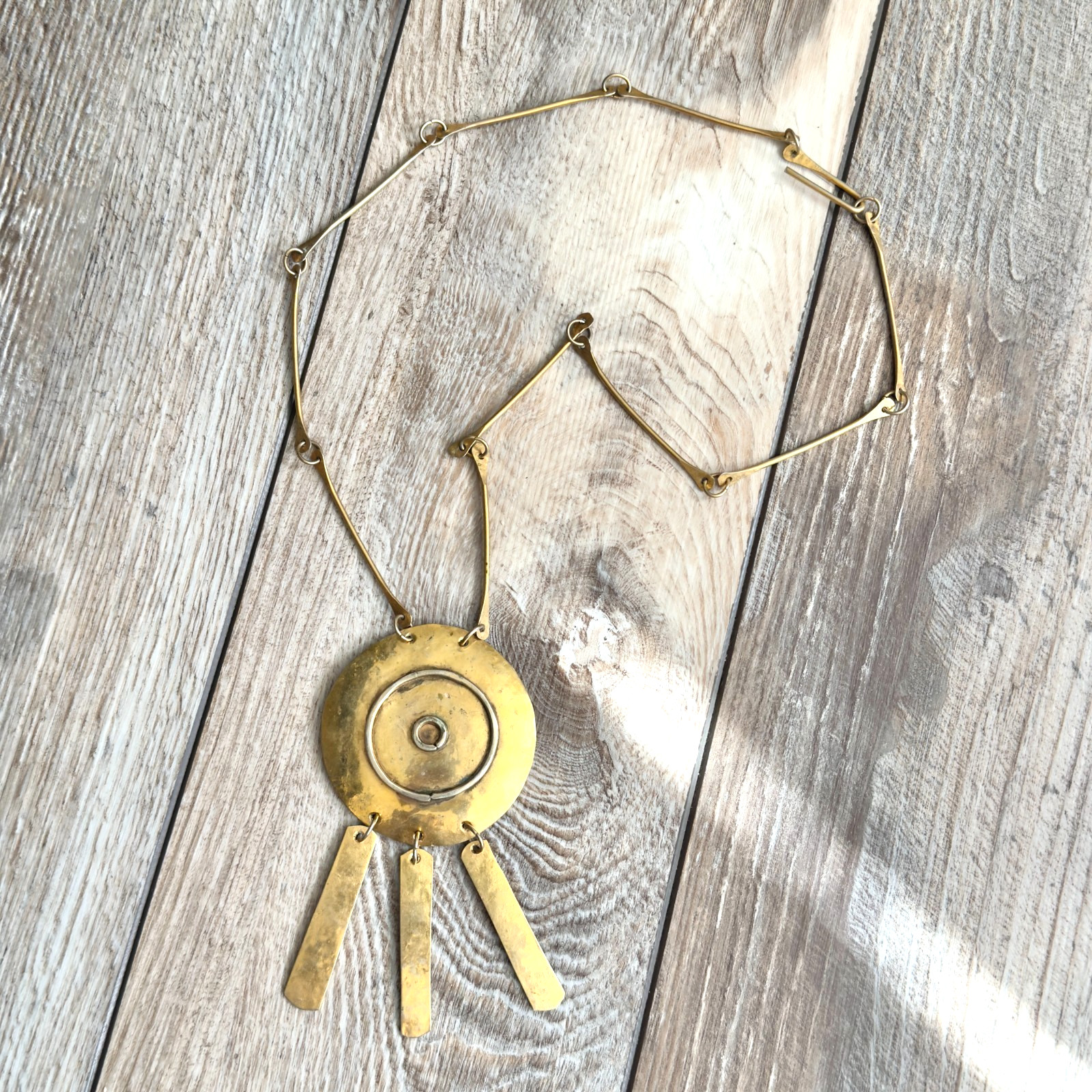 Vintage Signed Les Bernard Rare Species Hammered Gold Tone Brutalist Necklace