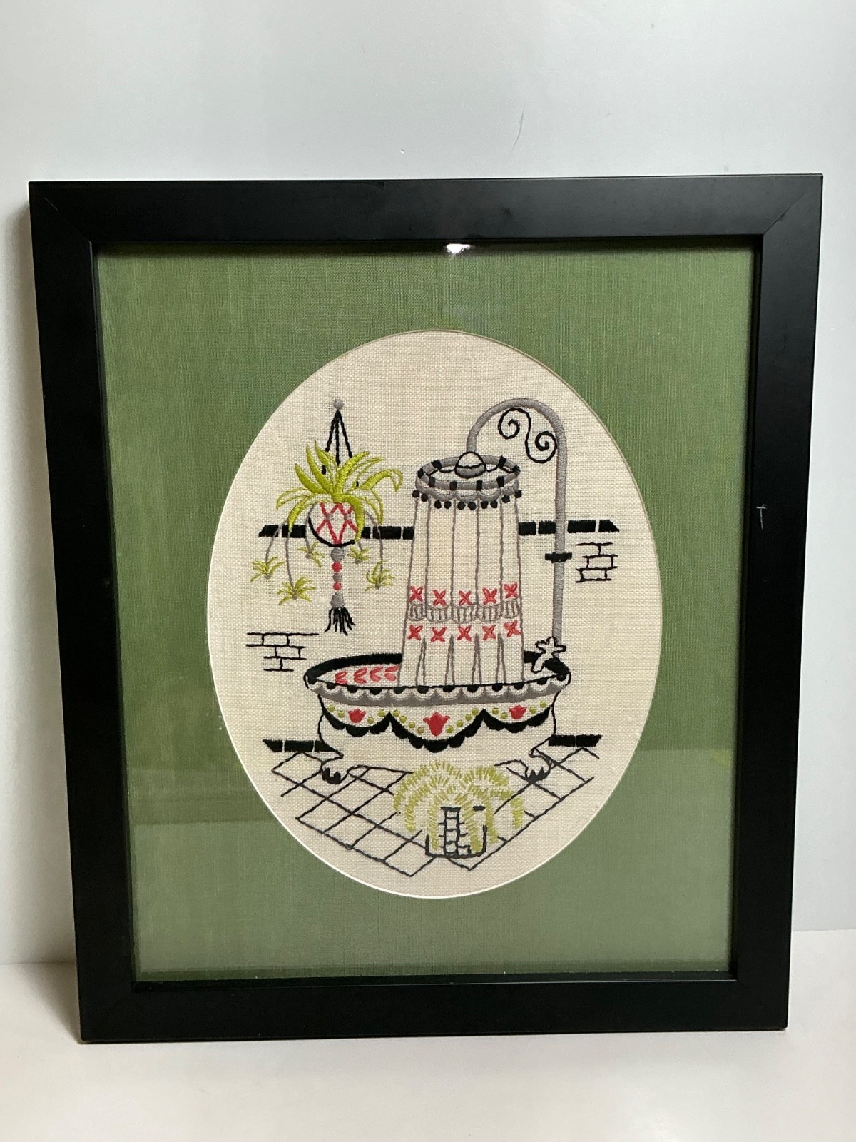 Vintage Framed Hand Crewel Embroidery Bathroom Scene Wall Art 14 in.