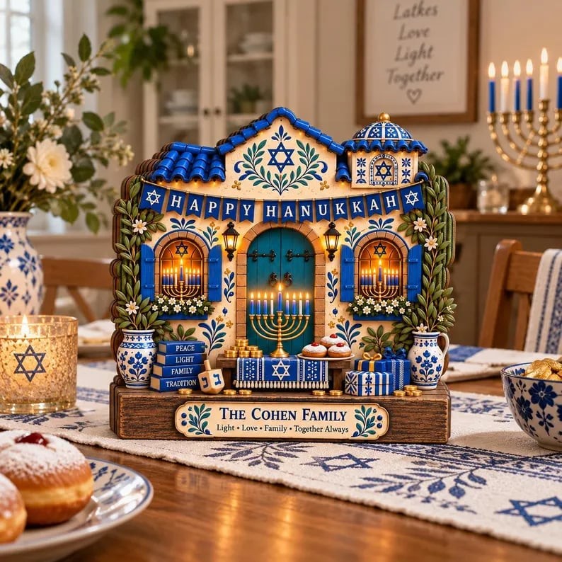 Personalized Hanukkah Wooden Block, Custom Family Name Tabletop Decor