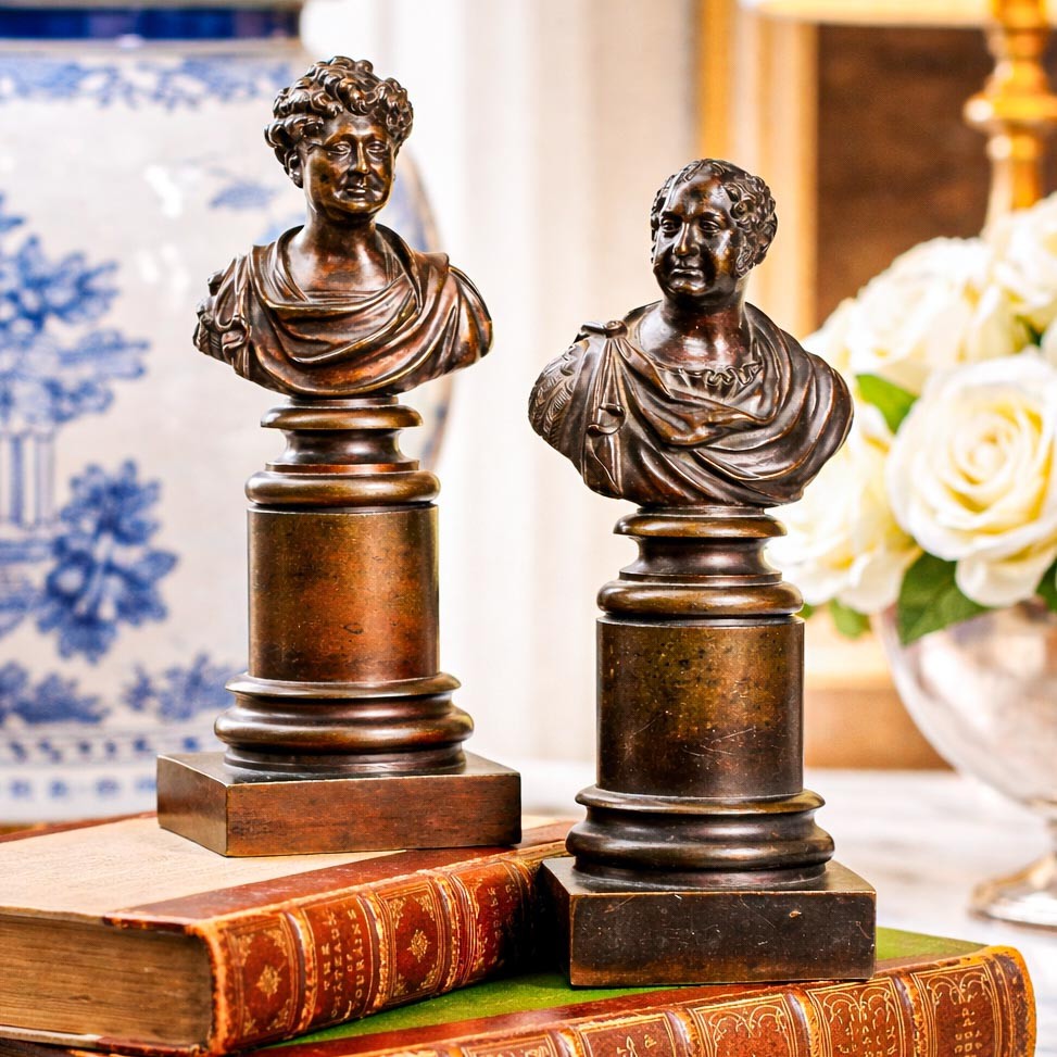 Pair Antique Bronze English Neoclassical Grand Tour Statue Sculpture Royalty