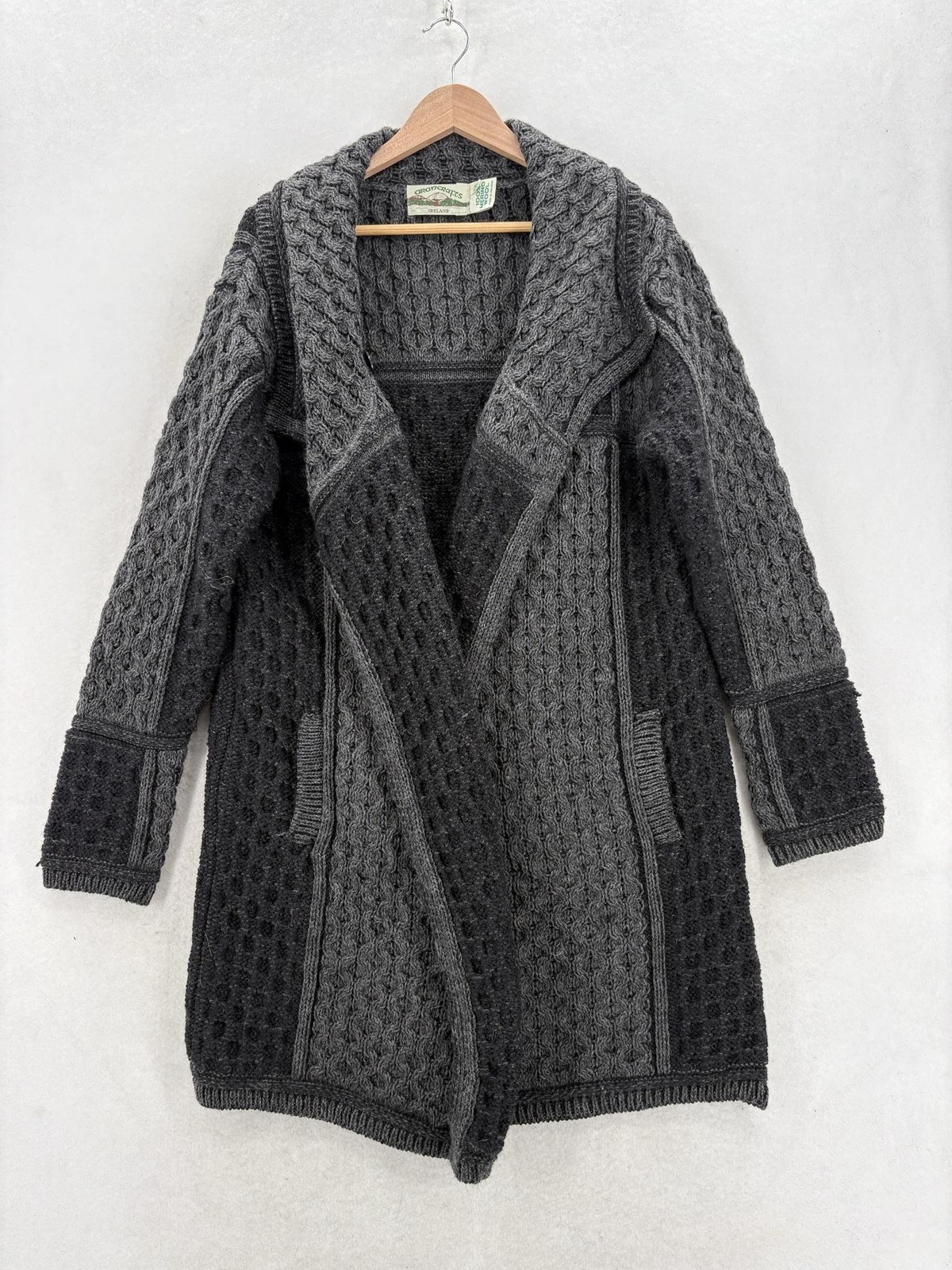 Aran Crafts Cardigan Sweater Womens 2XL Gray 100% Merino Wool Open Knit Ireland