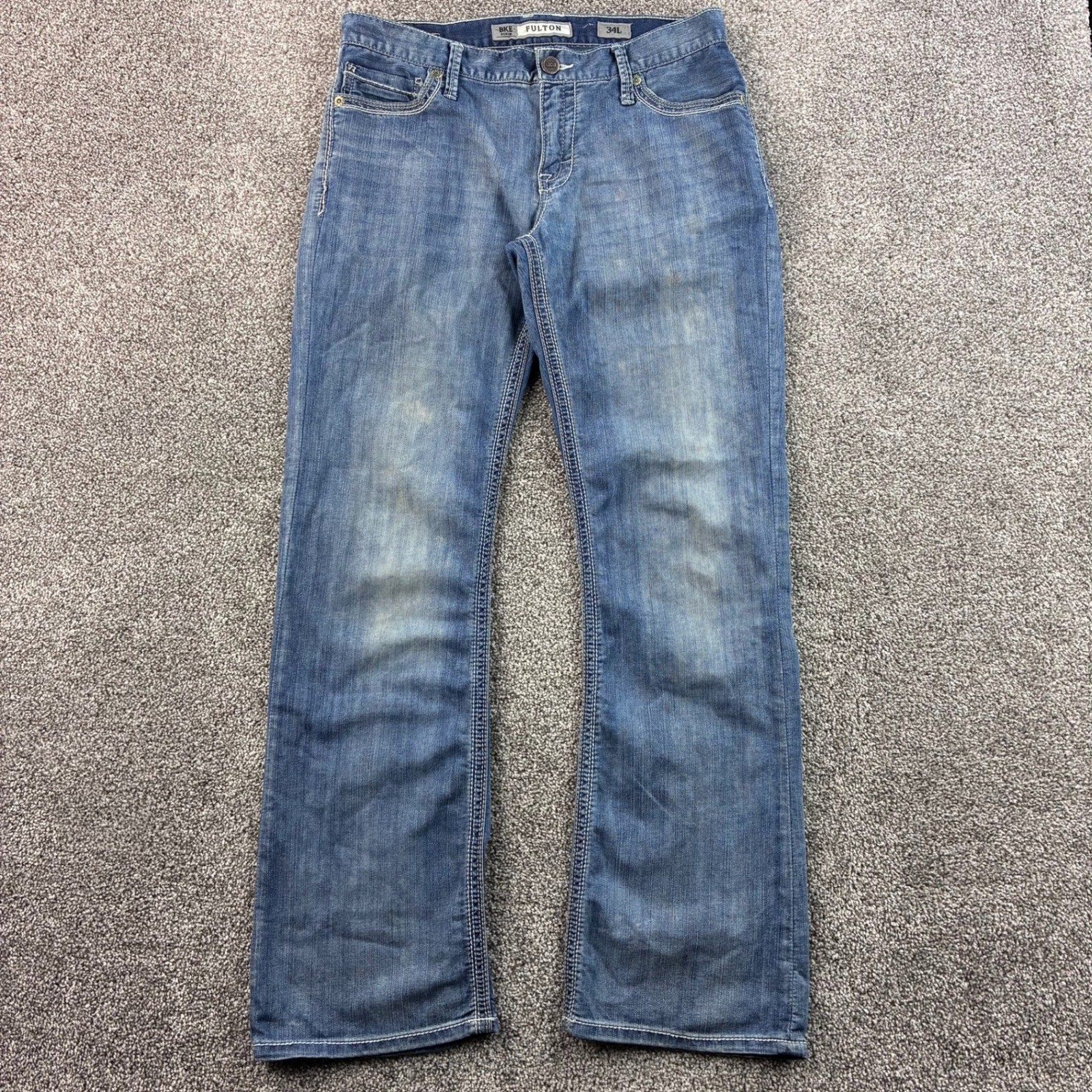 BKE Buckle Jeans Mens 34L Blue Fulton Bootleg Western White Stitching Whiskers
