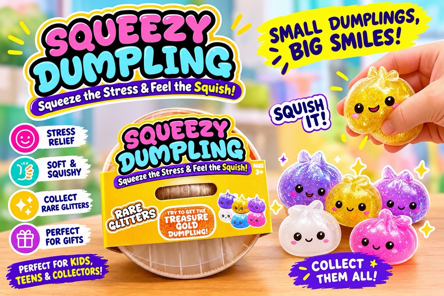 Squeezy Dumpling Squishy Toy – Rare Glitters – Treasure Gold Dumpling – New