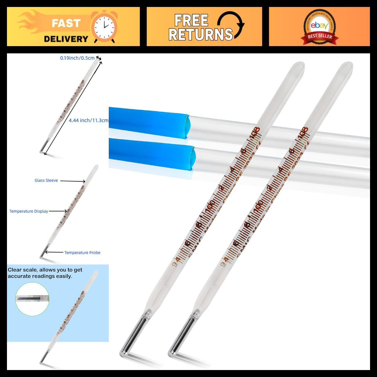 2PCS Oral Thermometer for Adults & Kids - Accurate Glass Rectal Temperature Read