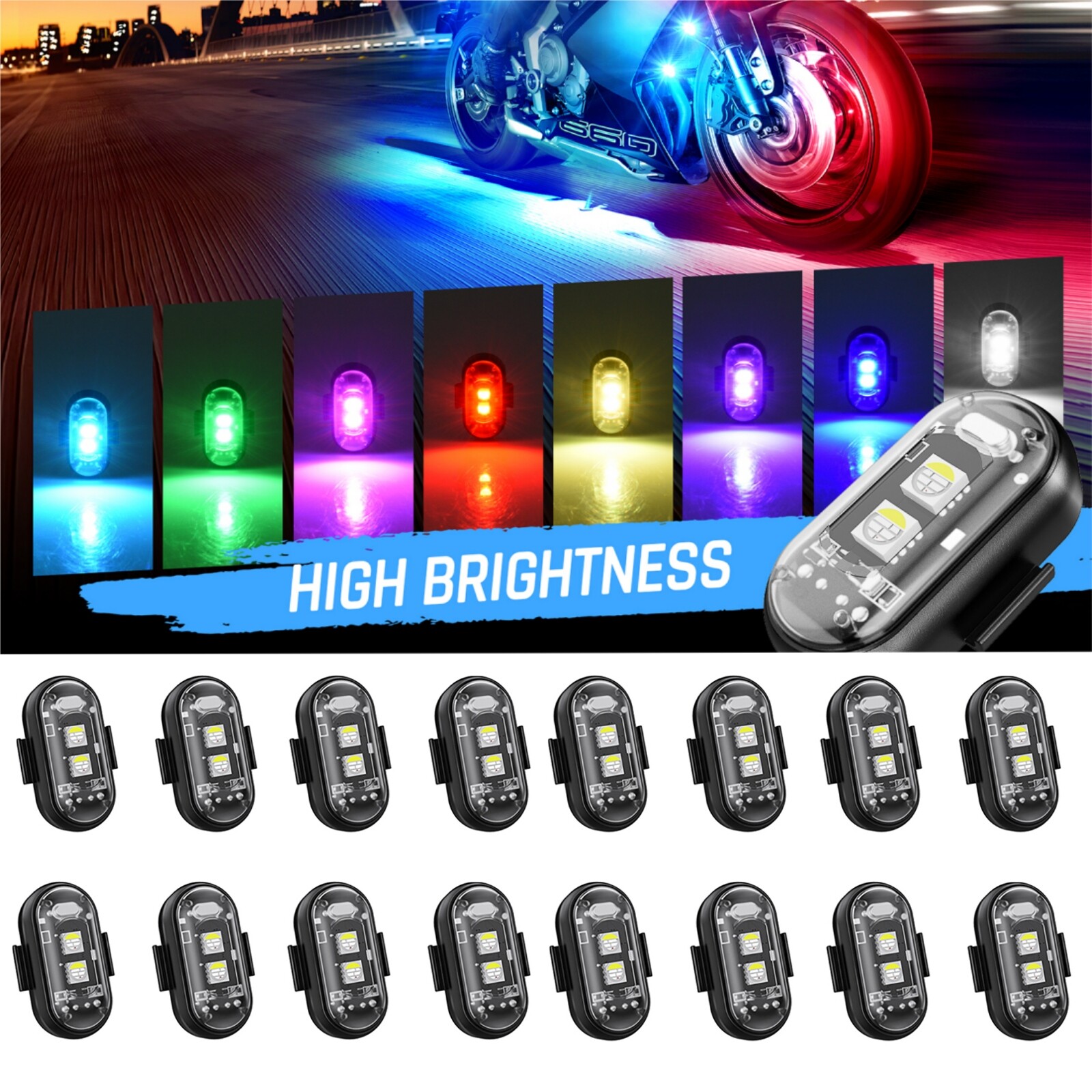 16 Pods RGB LED Strobe Lights, Wireless Remote Control For Car Bikes Motorcycles